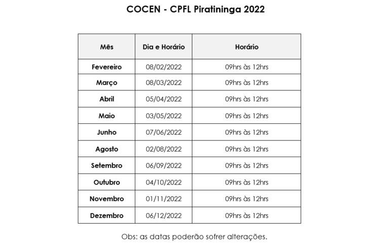 Calendário Reuniões 2022 Piratininga